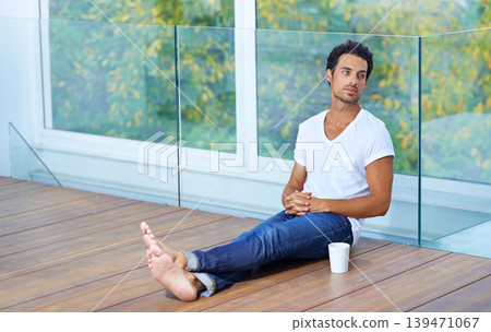 Man, thinking and coffee for breakfast wellness, vacation latte or weekend relax. Male person, cup and caffeine cappuccino in morning or mug drink or happiness in apartment espresso, peace or calm Man, thinking and coffee for breakfast wellness, vacation latte or weekend relax. Male person, cup and caffeine cappuccino in morning or mug drink or happiness in apartment espresso, peace or calm 139471067