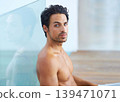 Man, shirtless and portrait for relax confidence on vacation holiday, weekend rest or casual day. Male person, topless and face or tattoo ink for cool edgy look or proud muscle, chest or fit healthy 139471071