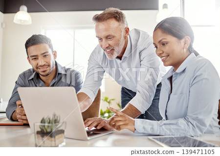 Manager, help and people in office with laptop, smile or typing proposal for digital marketing project. Management, advice or team in business with computer, collaboration and happy with advertising. 139471105