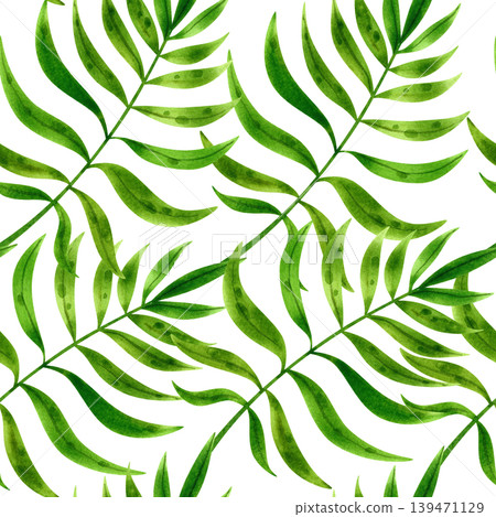 Green tropical palm leaves, vibrant summer watercolor seamless pattern. Fresh exotic plants, hand drawn for design, packaging, and fabric. 139471129