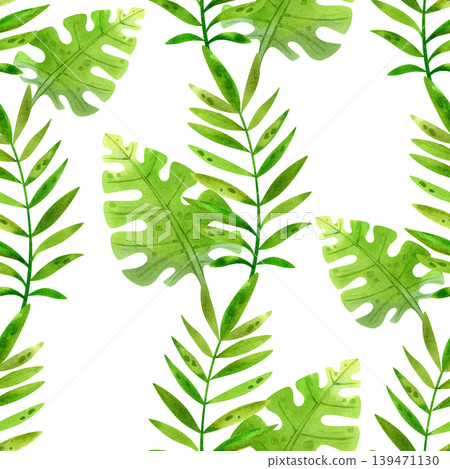 Green tropical palm and monstera leaves, vibrant summer watercolor seamless pattern. Fresh, hand drawn exotic plants for design, packaging, and fabric. 139471130