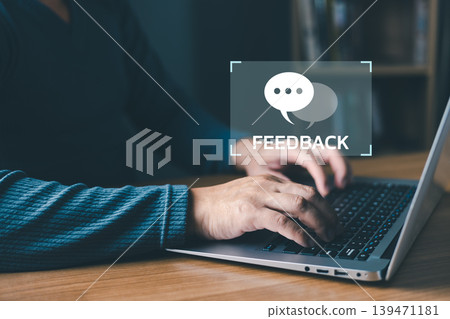 Online Feedback Customer Service Review Concept,Hand Typing Laptop, Digital Speech Bubble Icon. User Experience, Satisfaction Survey, Communication, Good Relationship Management, Business Improvement. Online Feedback Customer Service Review Concept,Hand Typing Laptop, Digital Speech Bubble Icon. User Experience, Satisfaction Survey, Communication, Good Relationship Management, Business Improvement. 139471181
