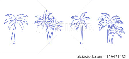Blue ink line art sketches of tropical palm trees with coconuts Blue ink line art sketches of tropical palm trees with coconuts 139471482