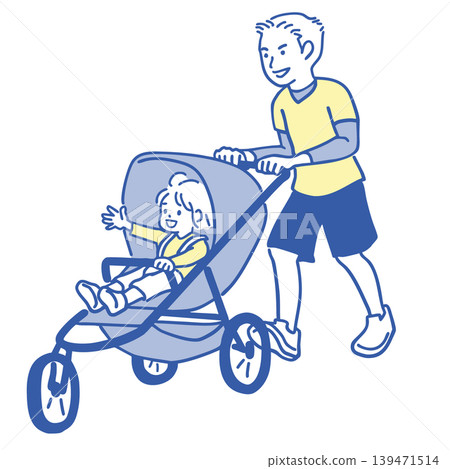 A simple illustration of a young man walking with his child in a stroller. A simple illustration of a young man walking with his child in a stroller. 139471514