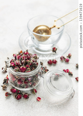 Dried rose buds preparing herbal floral tea tradition Dried rose buds preparing herbal floral tea tradition 139471619