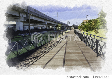 大分縣大分市大分市鐵路棧道的水彩畫。 139471648