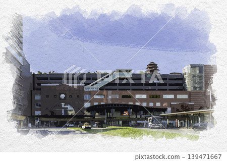 大分縣大分市大分站船井中央出口水彩畫。 139471667