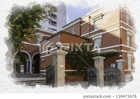 Watercolor style painting of the Oita Bank Red Brick Building in Oita City, Oita Prefecture. Watercolor style painting of the Oita Bank Red Brick Building in Oita City, Oita Prefecture. 139471676