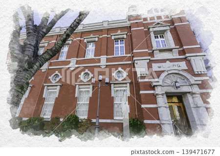 Watercolor style painting of the Oita Bank Red Brick Building in Oita City, Oita Prefecture. Watercolor style painting of the Oita Bank Red Brick Building in Oita City, Oita Prefecture. 139471677