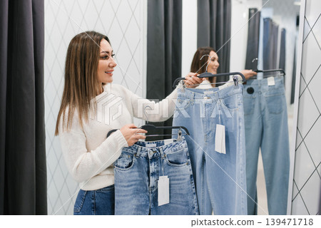Woman Choosing Denim Jeans in Fashion Dressing Room Store Woman Choosing Denim Jeans in Fashion Dressing Room Store 139471718