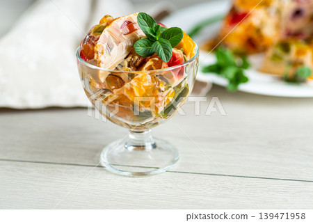 homemade jelly dessert with coffee and fruit vibrant layers homemade jelly dessert with coffee and fruit vibrant layers 139471958