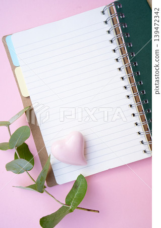 Zero waste concept with open notebook and green eucaliptus leaves Zero waste concept with open notebook and green eucaliptus leaves 139472342