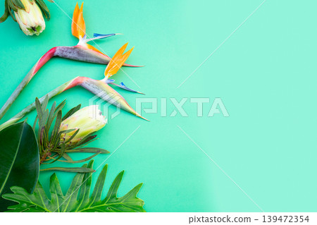 Tropical leaves and flowers over green background Tropical leaves and flowers over green background 139472354