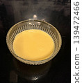 Warm yellow cream in a transparent glass bowl on a dark kitchen surface. Minimal food composition with soft reflections and smooth texture 139472466