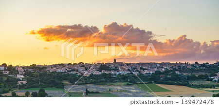 Sunset over hilltop Puimoisson village, Provence France 139472478