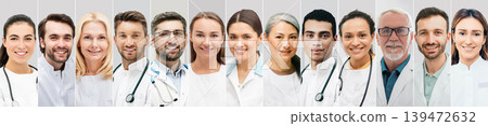 Portraits of doctors of different nationalities wearing white coats, collage. Set of multicultural medical staff with smiles Portraits of doctors of different nationalities wearing white coats, collage. Set of multicultural medical staff with smiles 139472632