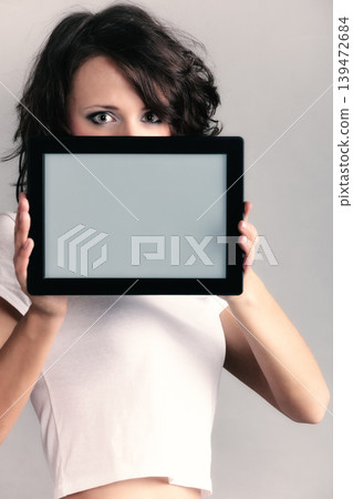 Sexy girl showing copy space on tablet touchpad Sexy girl showing copy space on tablet touchpad 139472684