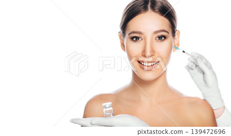 female face with facial wrinkles near the eyes with beauty injections. Botulinum toxin injections to remove wrinkles female face with facial wrinkles near the eyes with beauty injections. Botulinum toxin injections to remove wrinkles 139472696