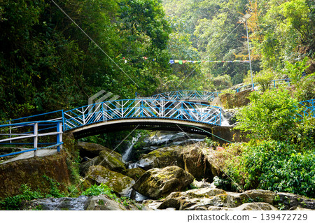 Scenic Blue Bridge Over Cascading Waterfall at the Rock Garden in Darjeeling India 139472729
