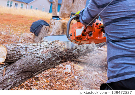 Handy worker operates chainsaw to cut tree log in backyard while wood chips fly around Handy worker operates chainsaw to cut tree log in backyard while wood chips fly around 139472827