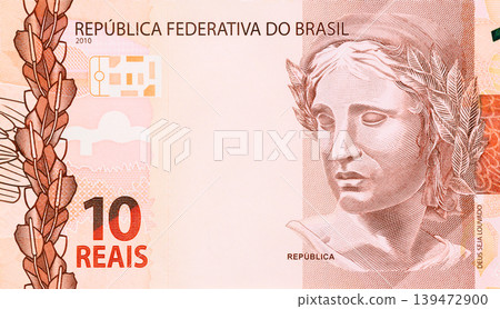 Detailed portrait of Respublika sculpture from Brazilian 10 Reais cash banknote Detailed portrait of Respublika sculpture from Brazilian 10 Reais cash banknote 139472900