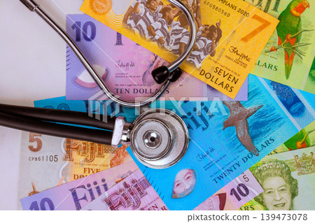 Stethoscope placed on Fijian dollar currency different banknotes laid out Stethoscope placed on Fijian dollar currency different banknotes laid out 139473078