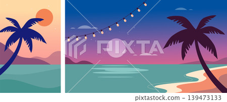 Tropical summer beach ocean night view. Relaxing nature landscape with palm, sea and moon. Travel 139473133