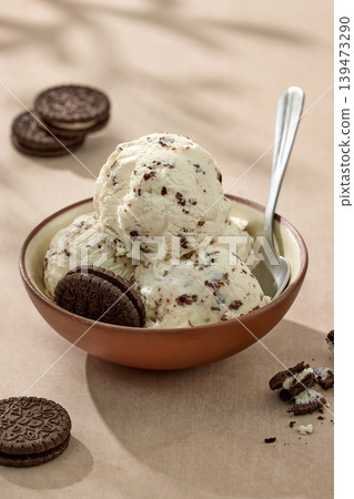 Stracciatella gelato with chocolate cookies on sunny table Stracciatella gelato with chocolate cookies on sunny table 139473290