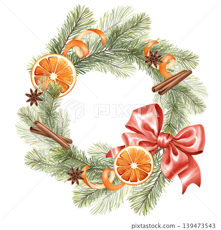 Hand drawn illustration of a festive round wreath with pine branches, dried orange slices, star anise, cinnamon, and red silk bow. Isolated on white background. Botanical winter border for holiday Hand drawn illustration of a festive round wreath with pine branches, dried orange slices, star anise, cinnamon, and red silk bow. Isolated on white background. Botanical winter border for holiday 139473543