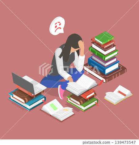 3D Isometric Flat Vector Illustration of Academic Anxiety, Tired Student On Laptop Over Pile Of Books 3D Isometric Flat Vector Illustration of Academic Anxiety, Tired Student On Laptop Over Pile Of Books 139473547