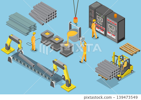 3D Isometric Flat Vector Illustration of Steel Industry, Steelworks With Mining, Smelting, And Hot Steel Pouring 139473549