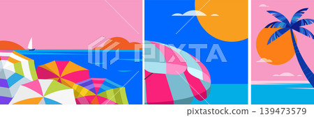 Summer beach banners with ocean, palm tree, sun and colorful umbrellas. Summer vacation background Summer beach banners with ocean, palm tree, sun and colorful umbrellas. Summer vacation background 139473579