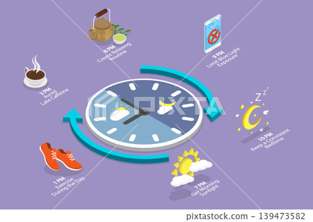 3D Isometric Flat Vector Illustration of Healthy Sleep Habits, Maintaining A Healthy Circadian Rhythm 3D Isometric Flat Vector Illustration of Healthy Sleep Habits, Maintaining A Healthy Circadian Rhythm 139473582