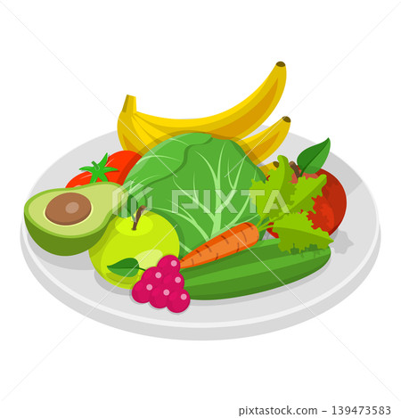 3D Isometric Flat Vector Set of Vegetarian Food Plates, Organic Grocery Products. Item 8 3D Isometric Flat Vector Set of Vegetarian Food Plates, Organic Grocery Products. Item 8 139473583