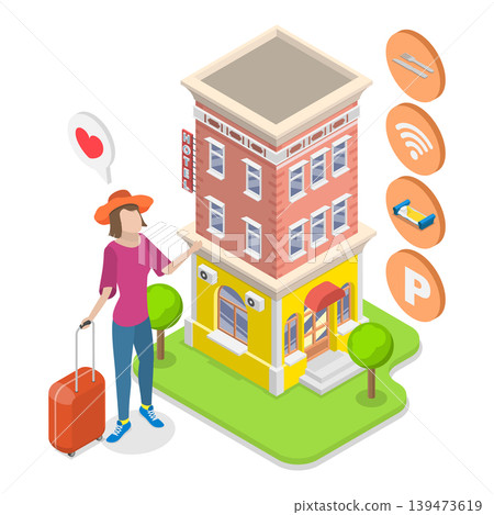 3D Isometric Flat Vector Illustration of Planning Trip, Journey or Tour, Holiday Accommodation. Item 2 3D Isometric Flat Vector Illustration of Planning Trip, Journey or Tour, Holiday Accommodation. Item 2 139473619