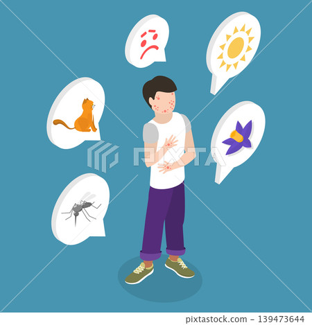 3D Isometric Flat Vector Illustration of Skin Allergies, Young Boy Experiencing Severe Allergic Skin Itch 139473644