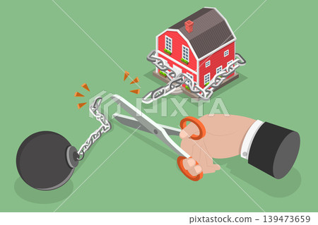 3D Isometric Flat Vector Illustration of Mortgage Free, House Bound By Chains, A Captive Home 139473659