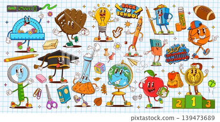 School education and stationery groovy characters of smiling globe, apple with book and ruler, cartoon vector. Groovy characters of school golden medal and chemistry flask, graduation cap and pencil School education and stationery groovy characters of smiling globe, apple with book and ruler, cartoon vector. Groovy characters of school golden medal and chemistry flask, graduation cap and pencil 139473689