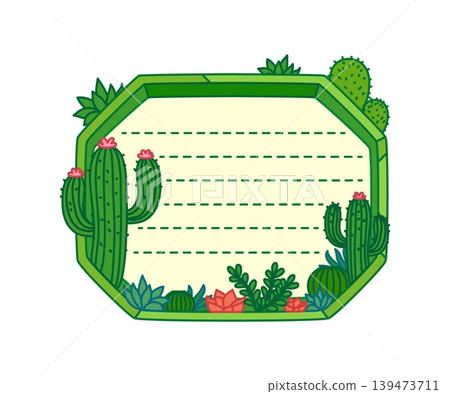 Succulent and cacti plant for kids memo note frame with tropical cactus, vector notice sticker. Kids memo note or message adhesive post and task planner label with cartoon cactus succulent and flowers Succulent and cacti plant for kids memo note frame with tropical cactus, vector notice sticker. Kids memo note or message adhesive post and task planner label with cartoon cactus succulent and flowers 139473711