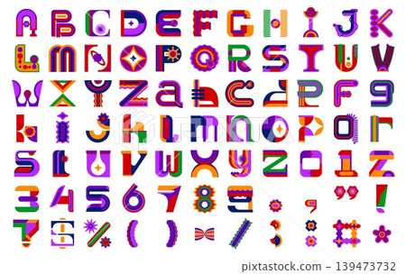 Retro brutal font, geometric typeface vector letters, abstract English alphabet. Retro brutalist type combining abstract circles, zigzags and blocky geometric forms. Vector font for modern artwork Retro brutal font, geometric typeface vector letters, abstract English alphabet. Retro brutalist type combining abstract circles, zigzags and blocky geometric forms. Vector font for modern artwork 139473732