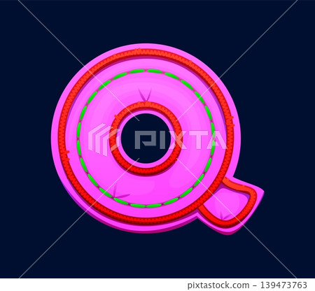 Cartoon patch font motley pink letter Q, patchwork typeface, ABC English clubber patch alphabet type. Patchwork alphabet letter, fabric typeface. Patch font type with red thread embroidery seam 139473763