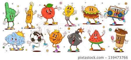 Funky groovy characters of smiling hamburger with apple, watermelon and cloud, cartoon vector. Groovy characters of coffee, beer bottle with retro boombox, light bulb or football ball and black bomb Funky groovy characters of smiling hamburger with apple, watermelon and cloud, cartoon vector. Groovy characters of coffee, beer bottle with retro boombox, light bulb or football ball and black bomb 139473766