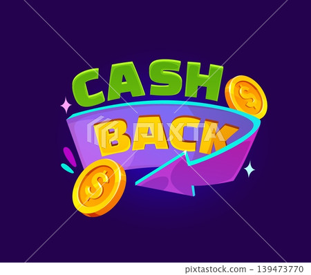 Cashback icon, cash back offer bonus reward. Bold green and yellow typography with purple circular arrow, and gold dollar coins. Vector cashback icon for fintech apps and banking promotions 139473770