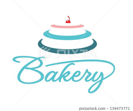 Sweet holiday cake icon. Elegant cake with red cherry on top and cursive Bakery script text in teal on white background. Vector symbol for bakery branding, pastry shop, and business cards Sweet holiday cake icon. Elegant cake with red cherry on top and cursive Bakery script text in teal on white background. Vector symbol for bakery branding, pastry shop, and business cards 139473771
