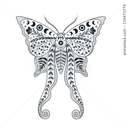 Mystic esoteric moth night butterfly tattoo or symbol. Night mystery bug sticker, magic moth black vector print. Esoteric butterfly tattoo with moon crescent, stars, fern leaves, berries and flowers Mystic esoteric moth night butterfly tattoo or symbol. Night mystery bug sticker, magic moth black vector print. Esoteric butterfly tattoo with moon crescent, stars, fern leaves, berries and flowers 139473774