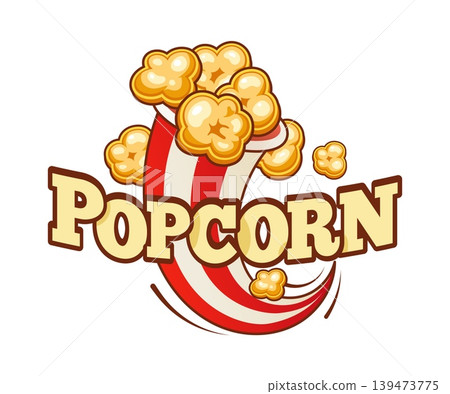 Cinema popcorn fresh meal icon or badge. Movie sweetcorn dessert badge, party fluffy snack cartoon vector icon. Cinema takeaway crunchy meal emblem or label with paper cup of popcorn and typography Cinema popcorn fresh meal icon or badge. Movie sweetcorn dessert badge, party fluffy snack cartoon vector icon. Cinema takeaway crunchy meal emblem or label with paper cup of popcorn and typography 139473775