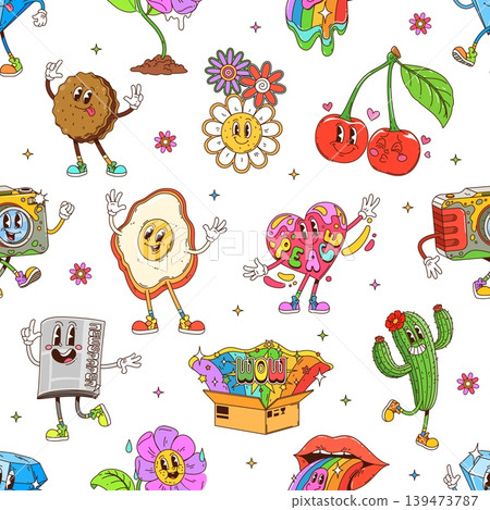 Cartoon groovy hippie characters seamless pattern. Fabric print vector seamless pattern with cookie, flower, cherry, fried egg and heart, camera, newspaper and cactus, diamond hippie groovy characters 139473787