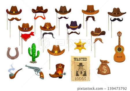 Western cowboy photo booth festive carnival masks and vector props with cowboy hats. Wild West photo booth mask of curled mustaches, sheriff star and cowboy bandana, cactus, horseshoe, and revolver Western cowboy photo booth festive carnival masks and vector props with cowboy hats. Wild West photo booth mask of curled mustaches, sheriff star and cowboy bandana, cactus, horseshoe, and revolver 139473792