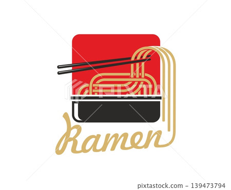 Asian ramen noodles bowl icon. Minimalist red symbol containing black bowl, golden curly noodles and traditional black chopsticks. Vector design for cafe, food court menus and Asian grocery stores Asian ramen noodles bowl icon. Minimalist red symbol containing black bowl, golden curly noodles and traditional black chopsticks. Vector design for cafe, food court menus and Asian grocery stores 139473794