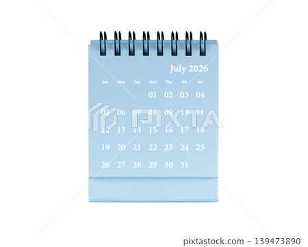 Desktop calendar for July 2026 in blue colour. Mini planner for business and finance, spiral view on isolated white background Desktop calendar for July 2026 in blue colour. Mini planner for business and finance, spiral view on isolated white background 139473890